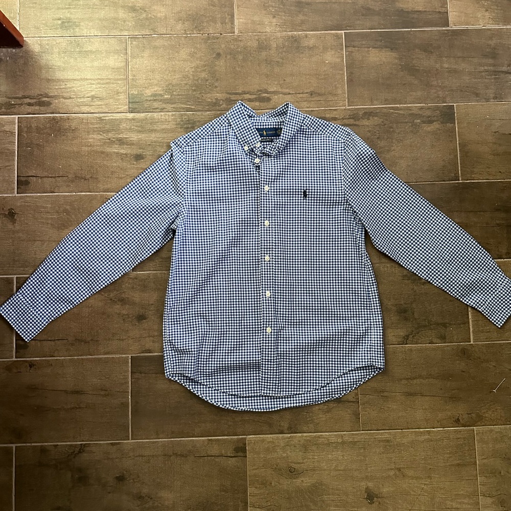 Ralph Lauren Button Up Shirt Boys Large Blue Check Gingham Long Sleeve Preppy